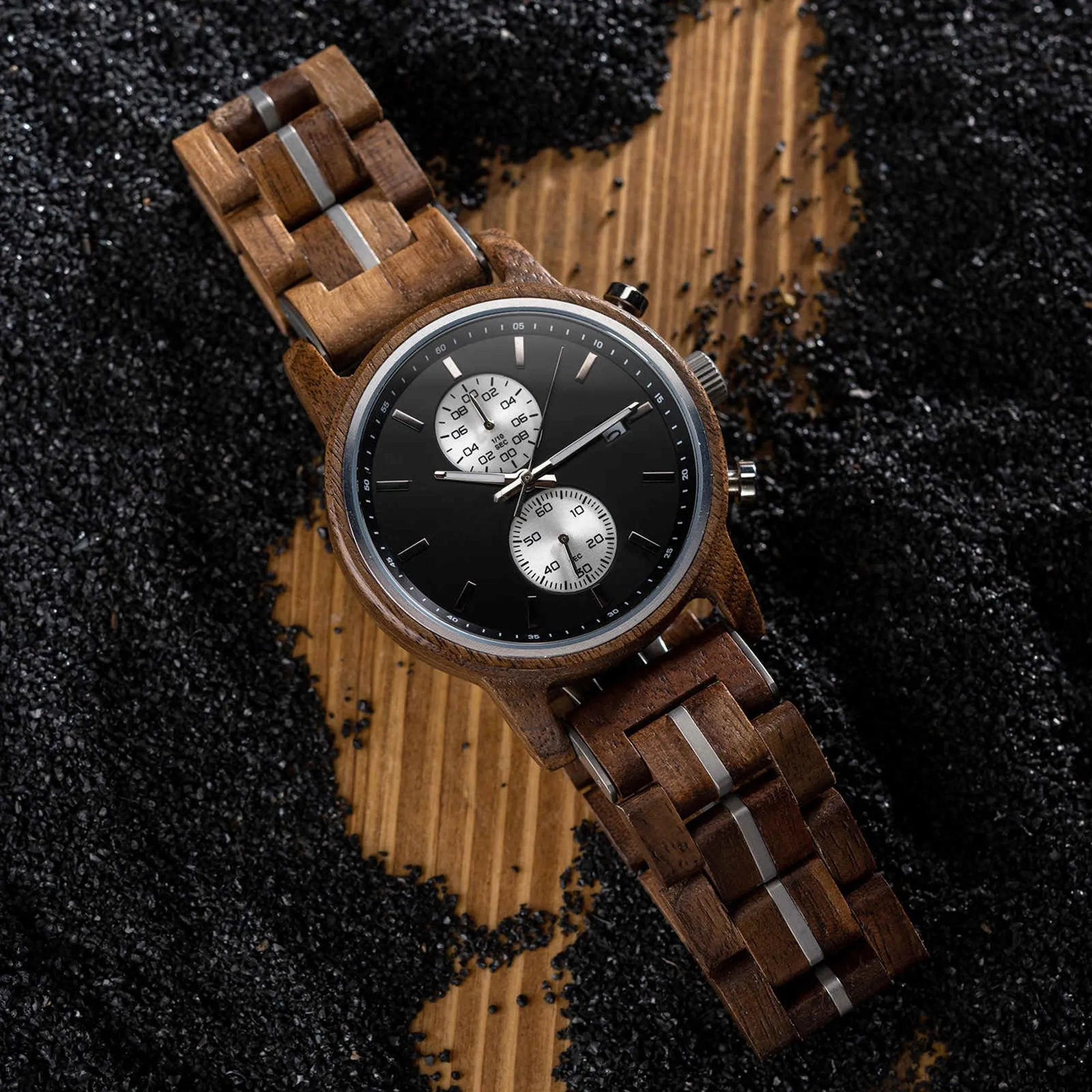 Men's Wooden Watches Classic Ebony Oak Black Chronograph