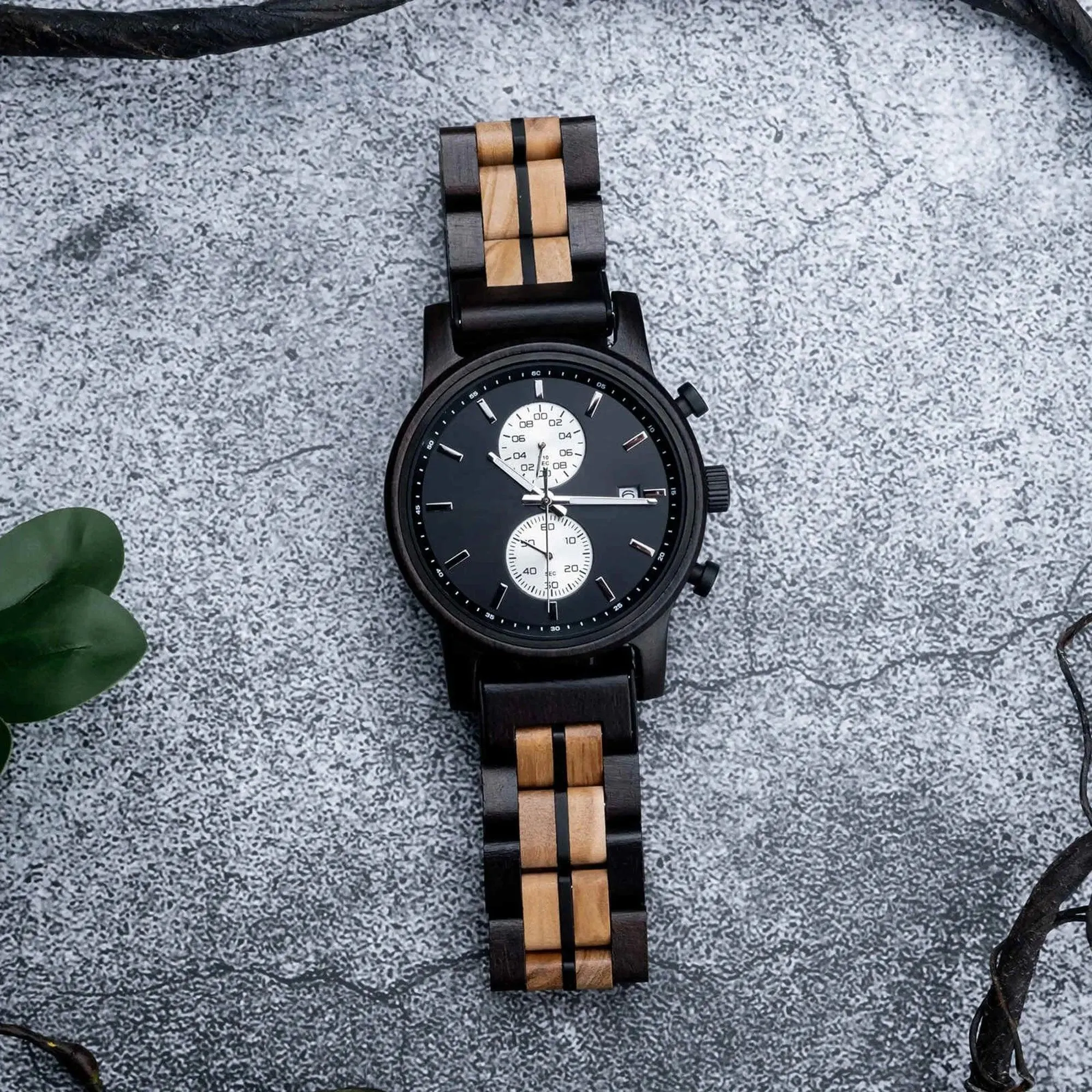 Men's Wooden Watches Classic Ebony Oak Black Chronograph