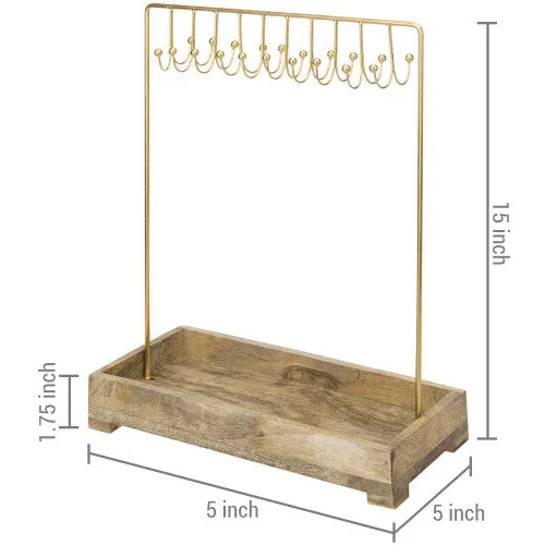 Modern Brass-Tone Metal Jewelry Rack w/ Natural Mango Wood Tray