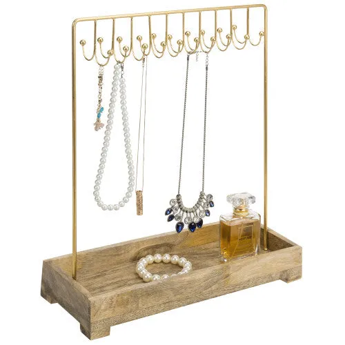Modern Brass-Tone Metal Jewelry Rack w/ Natural Mango Wood Tray