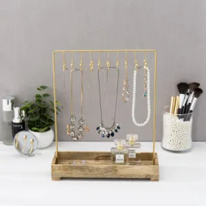Modern Brass-Tone Metal Jewelry Rack w/ Natural Mango Wood Tray
