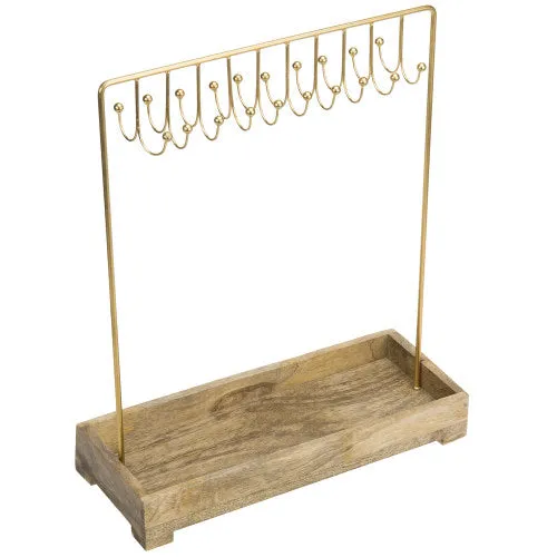Modern Brass-Tone Metal Jewelry Rack w/ Natural Mango Wood Tray