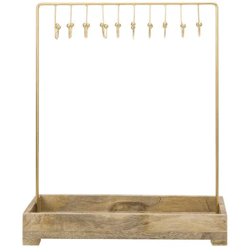Modern Brass-Tone Metal Jewelry Rack w/ Natural Mango Wood Tray