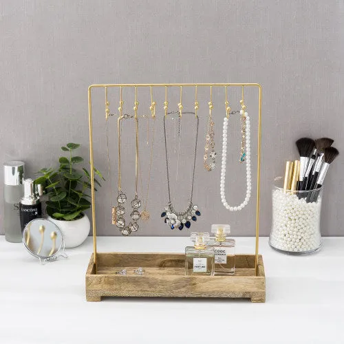 Modern Brass-Tone Metal Jewelry Rack w/ Natural Mango Wood Tray