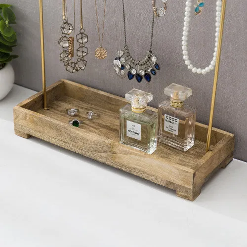 Modern Brass-Tone Metal Jewelry Rack w/ Natural Mango Wood Tray