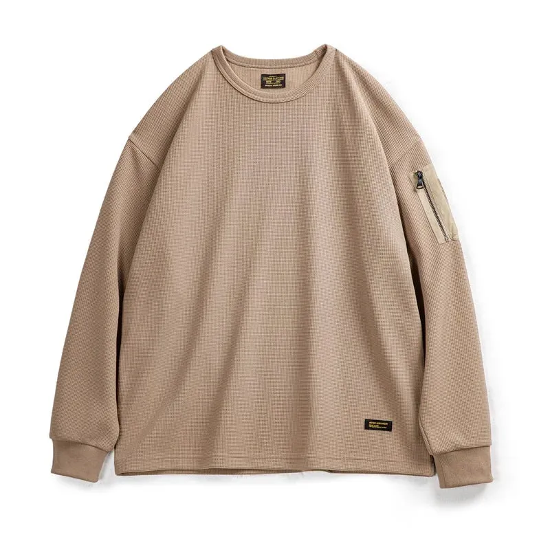 Mountain MA1 Waffle Sweatshirt with Functional Wind Drape - Versatile Round Neck
