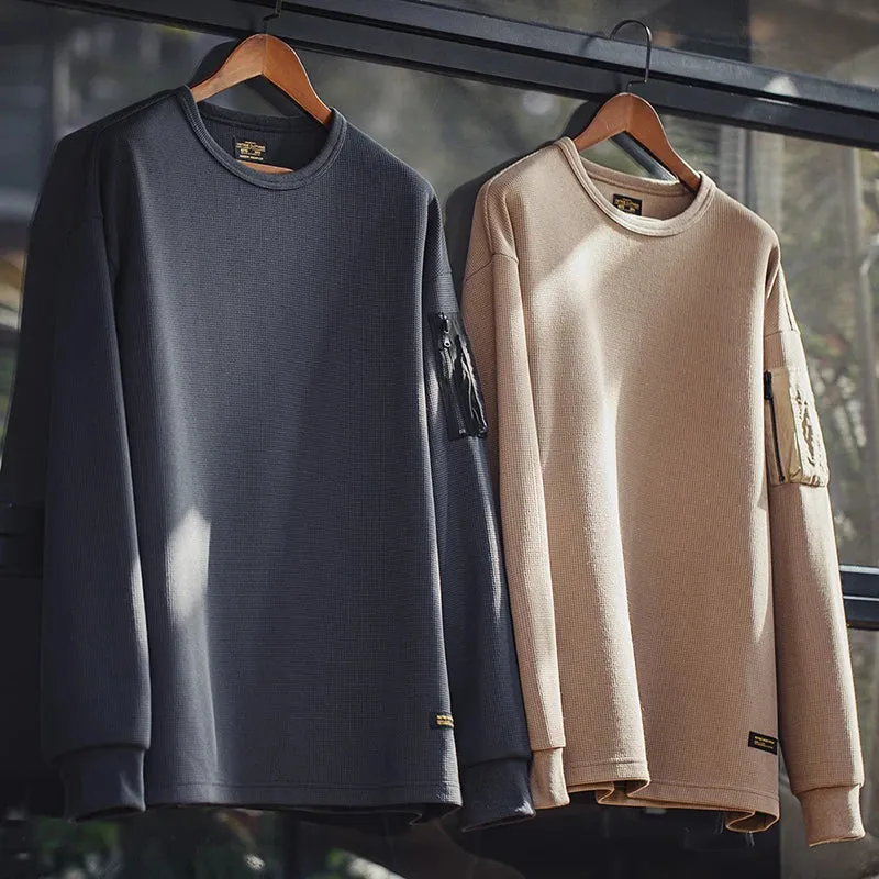 Mountain MA1 Waffle Sweatshirt with Functional Wind Drape - Versatile Round Neck