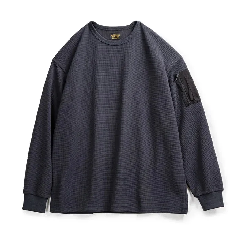 Mountain MA1 Waffle Sweatshirt with Functional Wind Drape - Versatile Round Neck