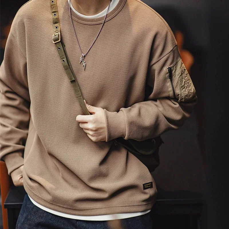 Mountain MA1 Waffle Sweatshirt with Functional Wind Drape - Versatile Round Neck