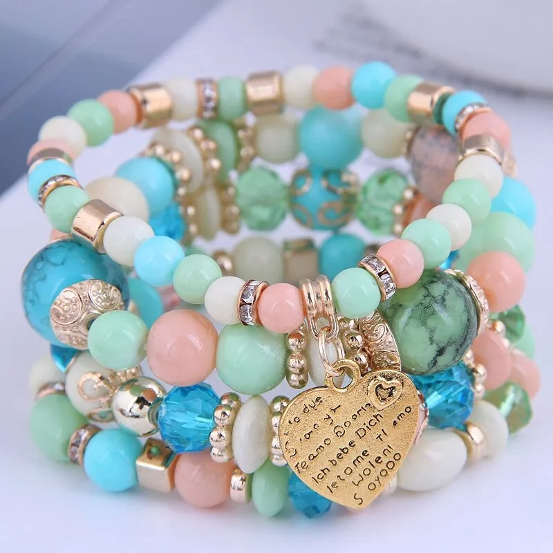 Multilayer Bohemian Beads Bracelet with Heart Charm