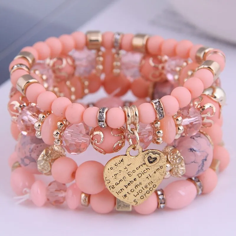 Multilayer Bohemian Beads Bracelet with Heart Charm
