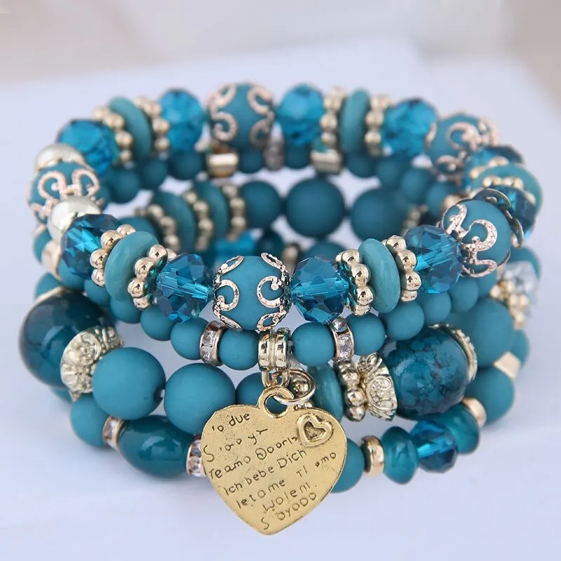 Multilayer Bohemian Beads Bracelet with Heart Charm