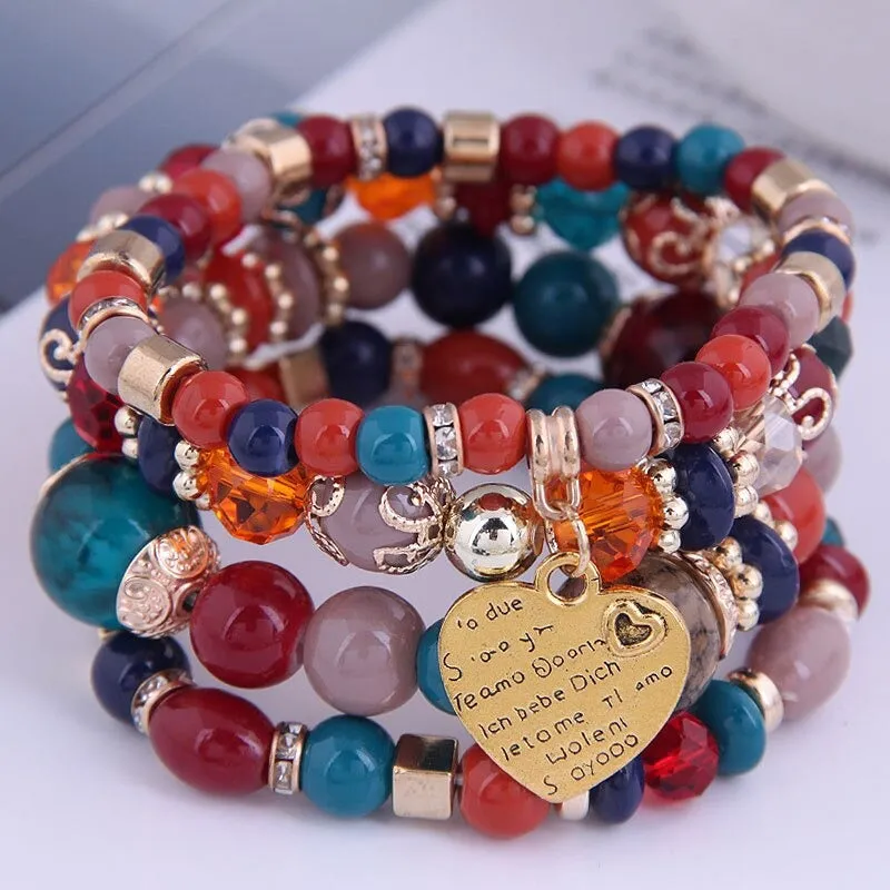 Multilayer Bohemian Beads Bracelet with Heart Charm