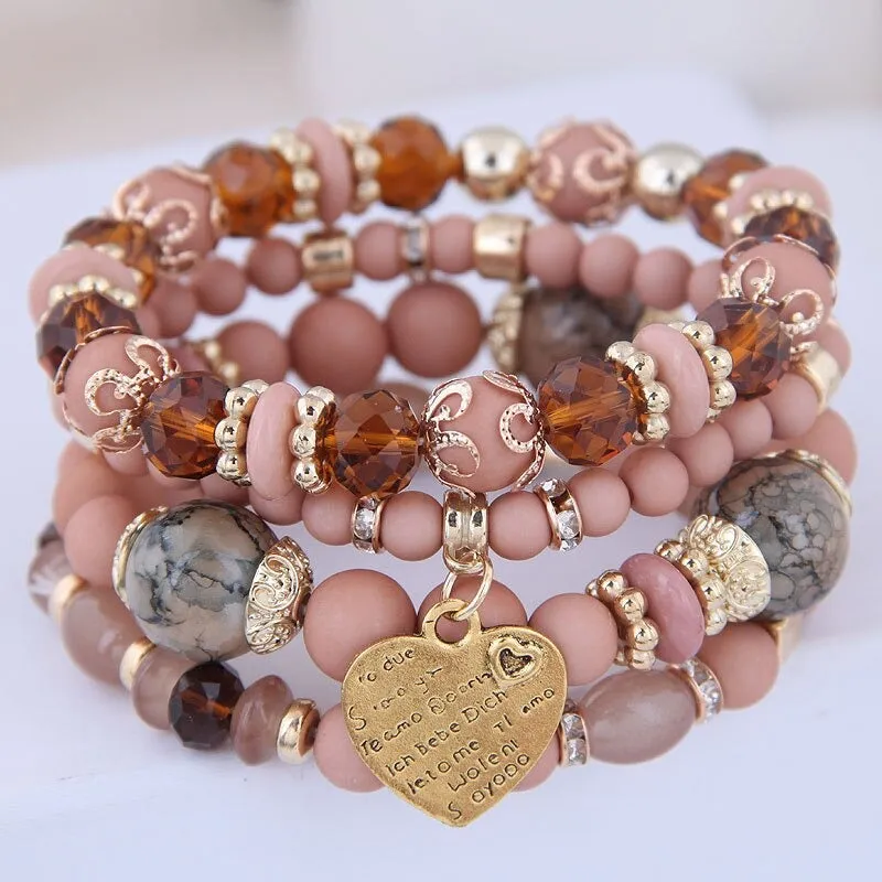 Multilayer Bohemian Beads Bracelet with Heart Charm