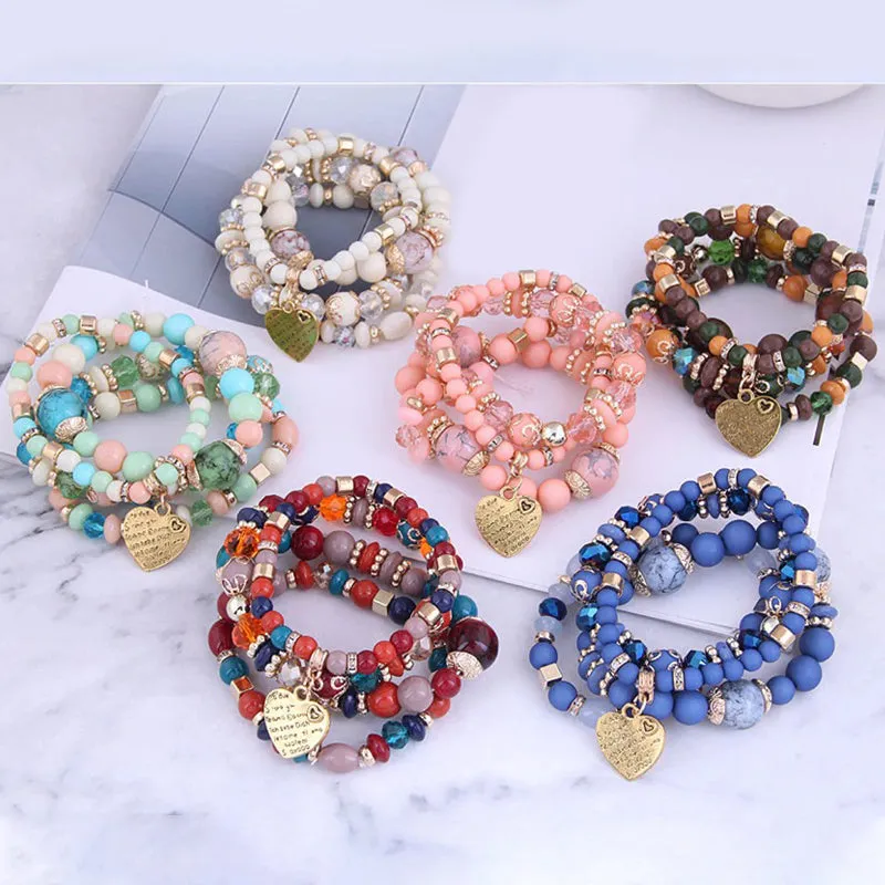 Multilayer Bohemian Beads Bracelet with Heart Charm