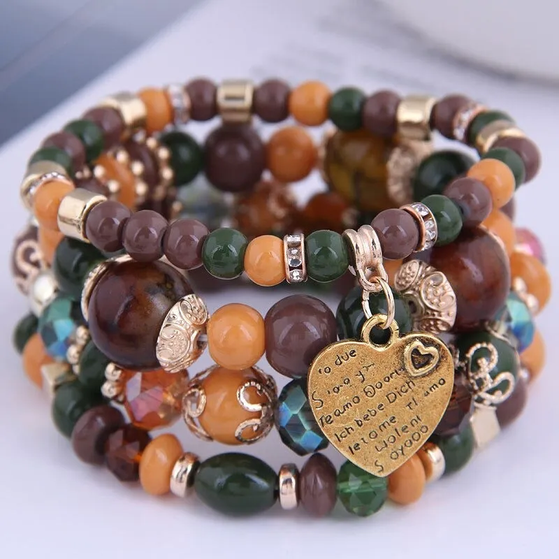 Multilayer Bohemian Beads Bracelet with Heart Charm