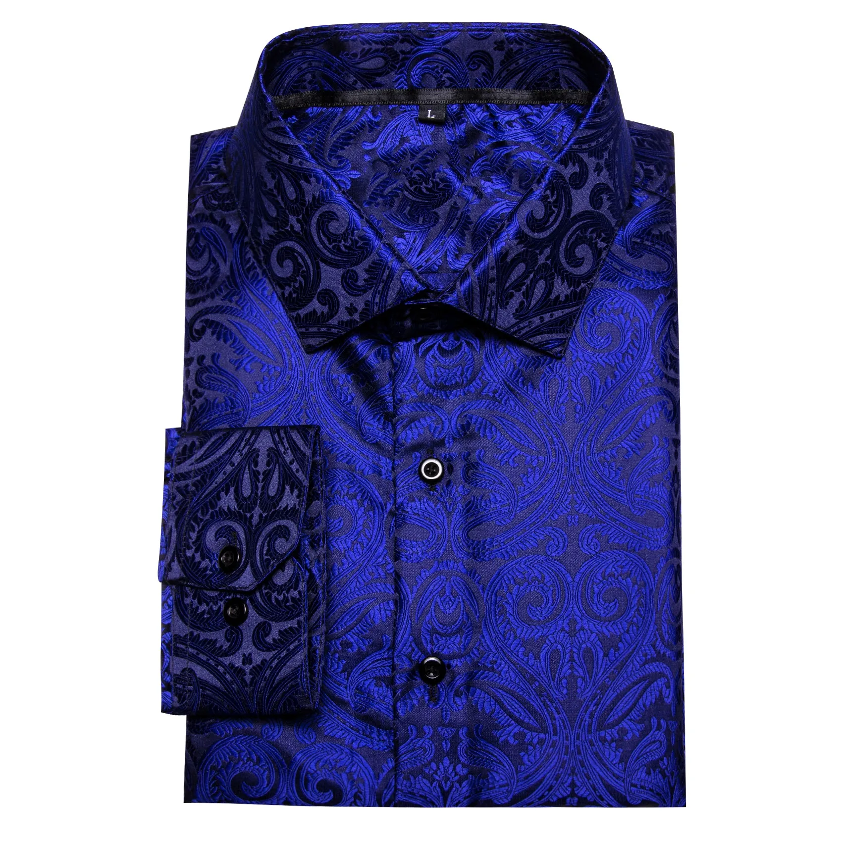 Navy Blue Paisley Silk Men's Casual Business Long Sleeve Shirt