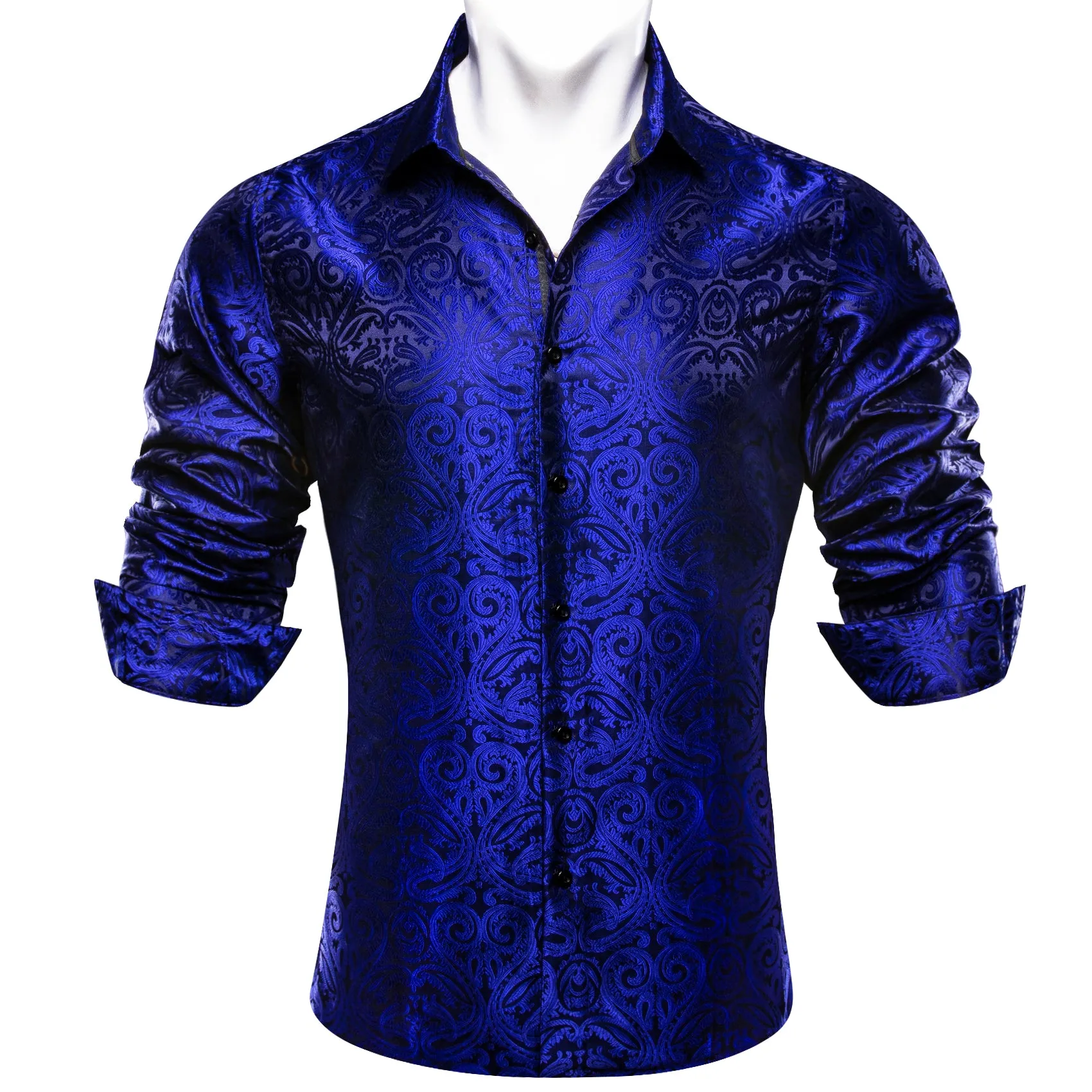 Navy Blue Paisley Silk Men's Casual Business Long Sleeve Shirt