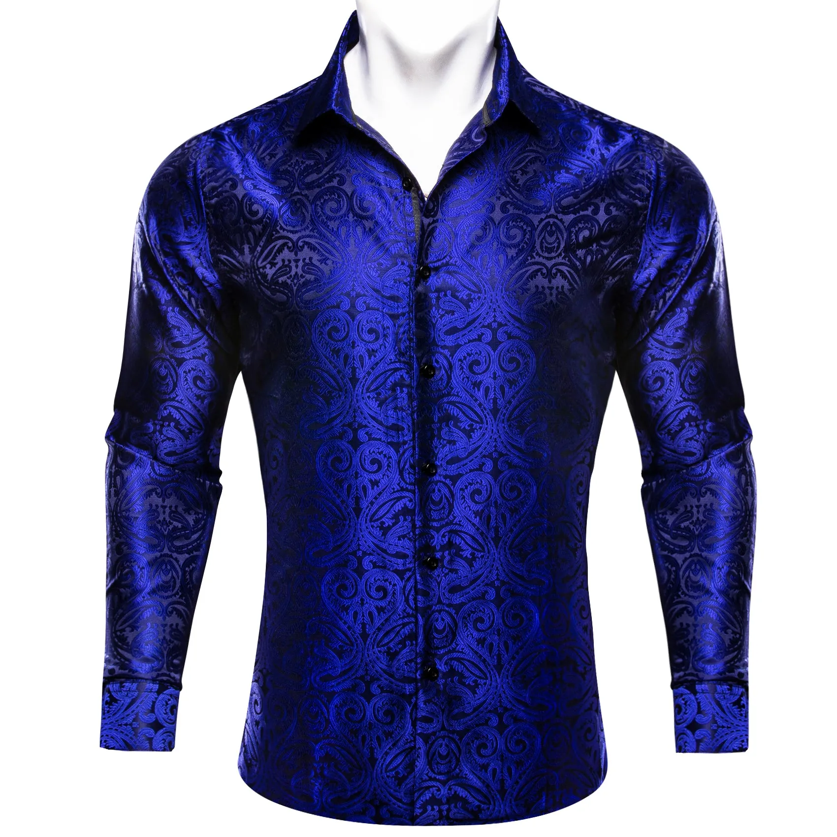 Navy Blue Paisley Silk Men's Casual Business Long Sleeve Shirt