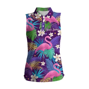 Personalized Women's sleeveless golf polo shirt floral flamingo pattern tropical leaves custom team golf shirts