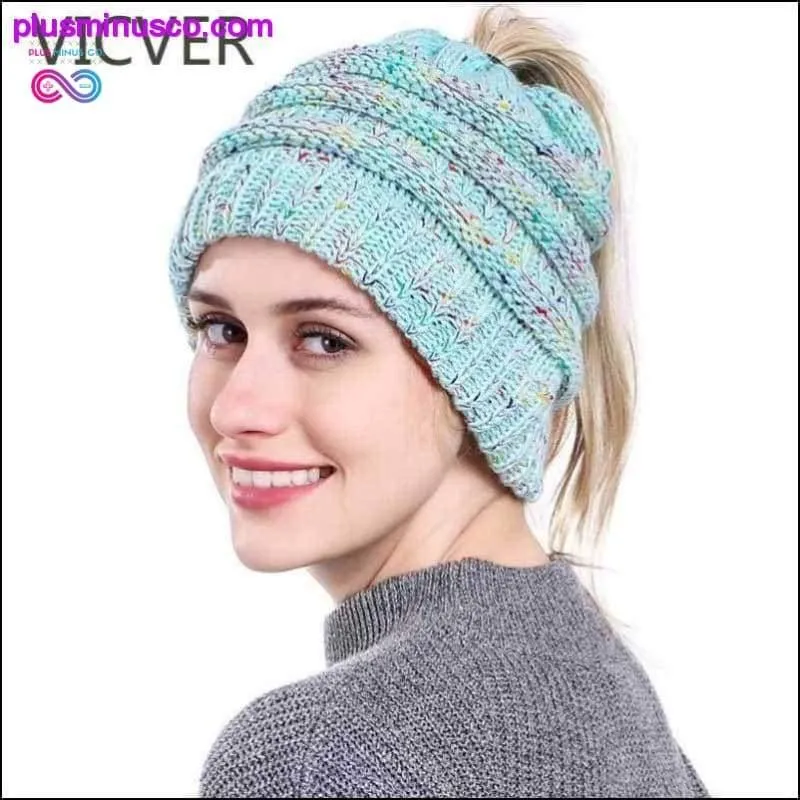 Ponytail Beanie Hat Winter Soft Knit Cap Casual Woolen