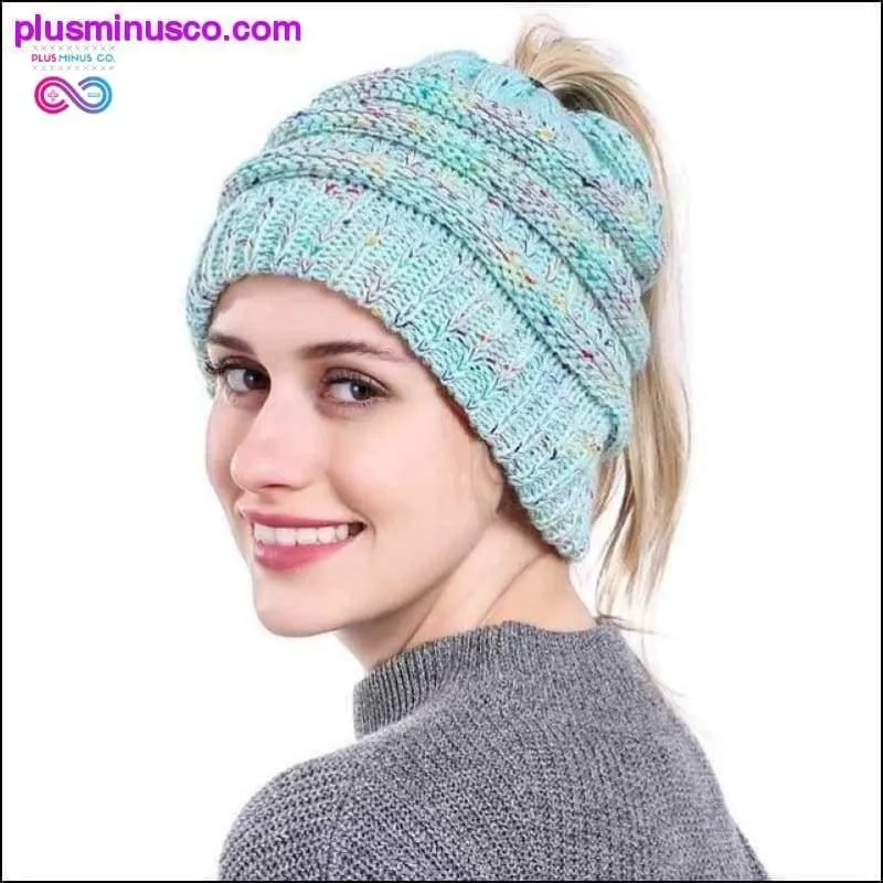 Ponytail Beanie Hat Winter Soft Knit Cap Casual Woolen