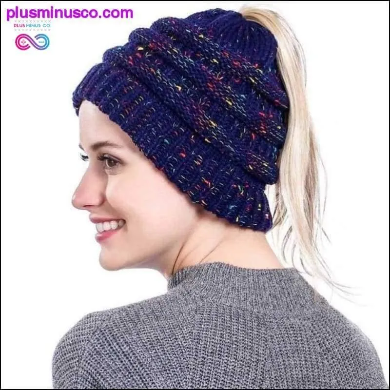 Ponytail Beanie Hat Winter Soft Knit Cap Casual Woolen