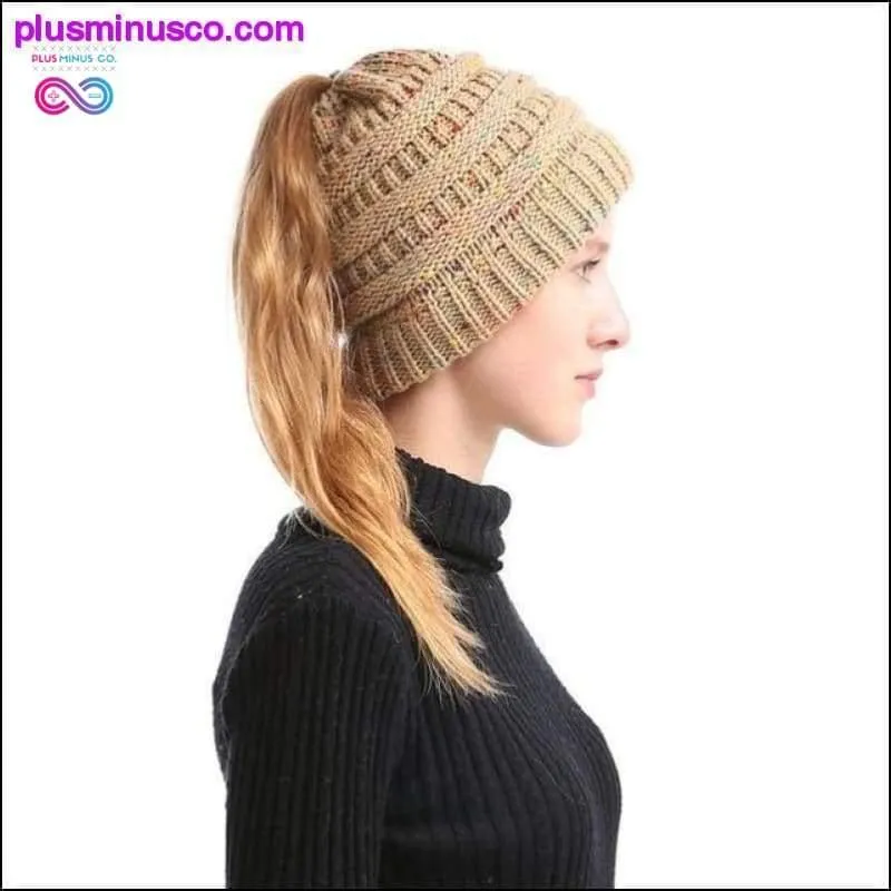 Ponytail Beanie Hat Winter Soft Knit Cap Casual Woolen