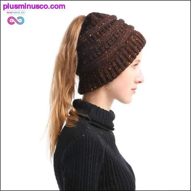 Ponytail Beanie Hat Winter Soft Knit Cap Casual Woolen