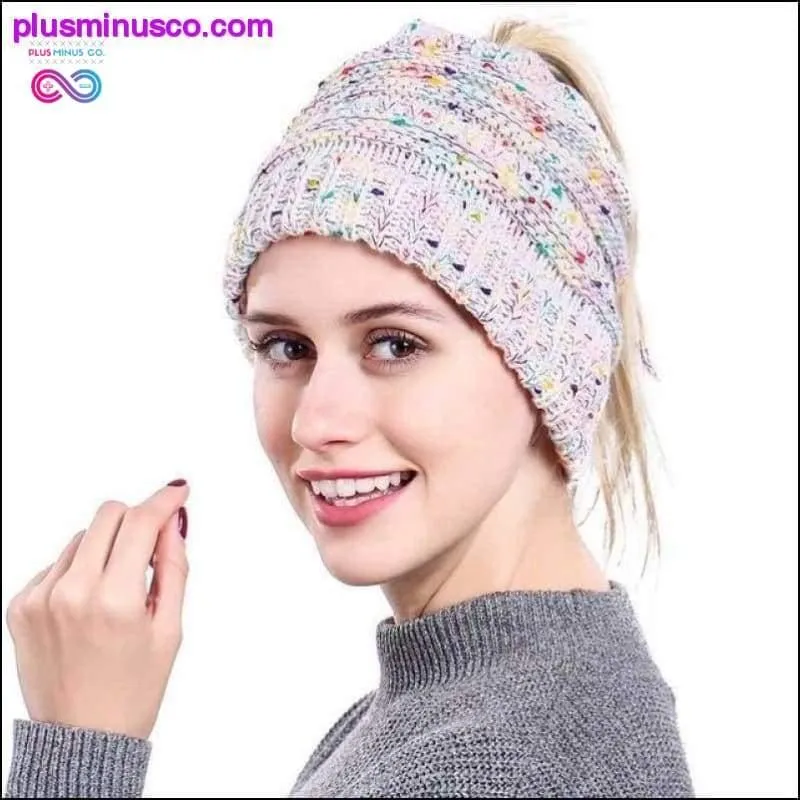 Ponytail Beanie Hat Winter Soft Knit Cap Casual Woolen