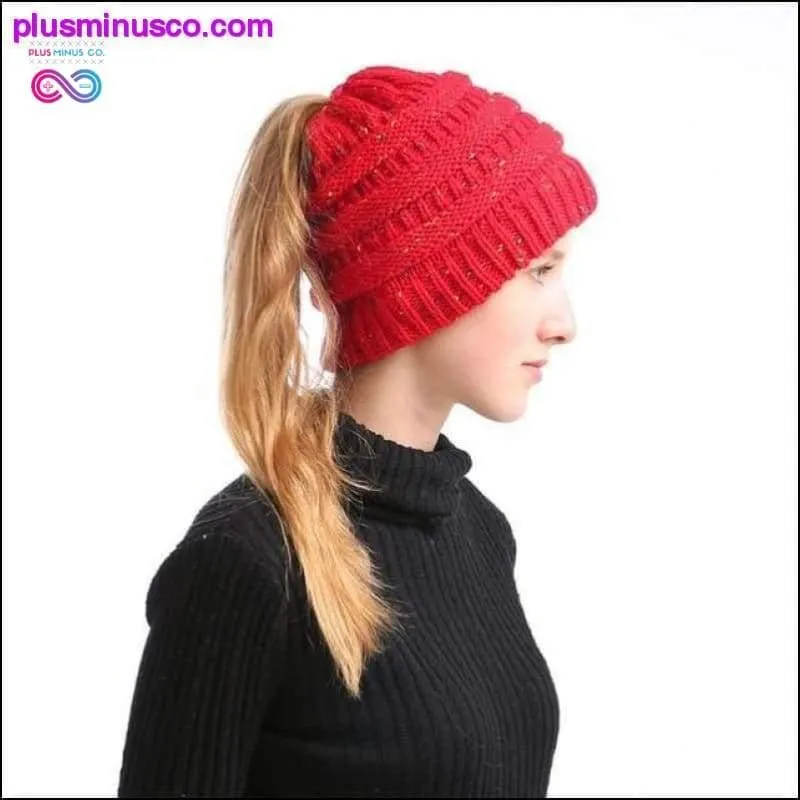 Ponytail Beanie Hat Winter Soft Knit Cap Casual Woolen