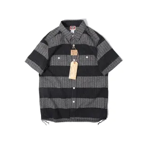Prison Style Moto Salt & Pepper Gray Black Striped Short Sleeve Shirts