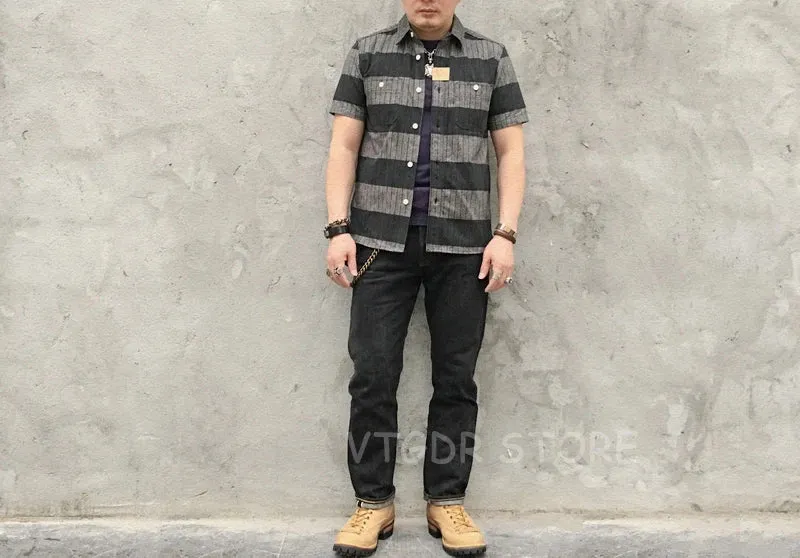 Prison Style Moto Salt & Pepper Gray Black Striped Short Sleeve Shirts