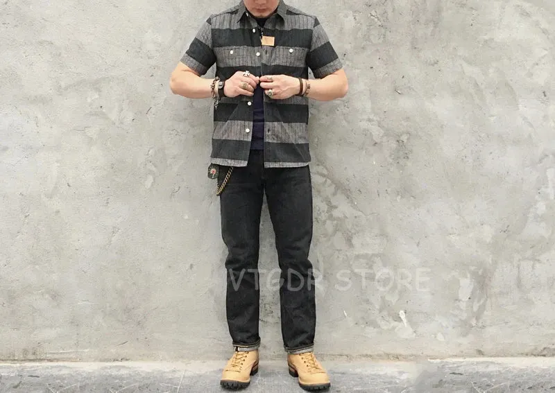 Prison Style Moto Salt & Pepper Gray Black Striped Short Sleeve Shirts