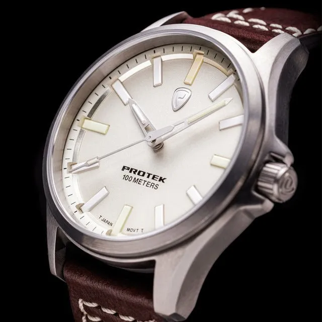 ProTek Field Series 3000 Tactical Watch | Ivory Dial, Dark Brown Leather Band