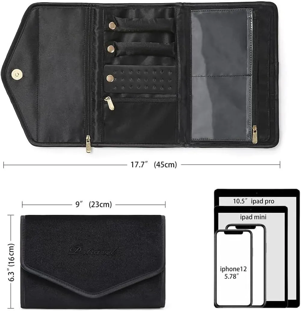 RT&BS Travel Jewelry Organizer Bag, Velvet Foldable Jewelry Roll for Earrings, Necklaces, Rings, Bracelets, Brooches (Black)
