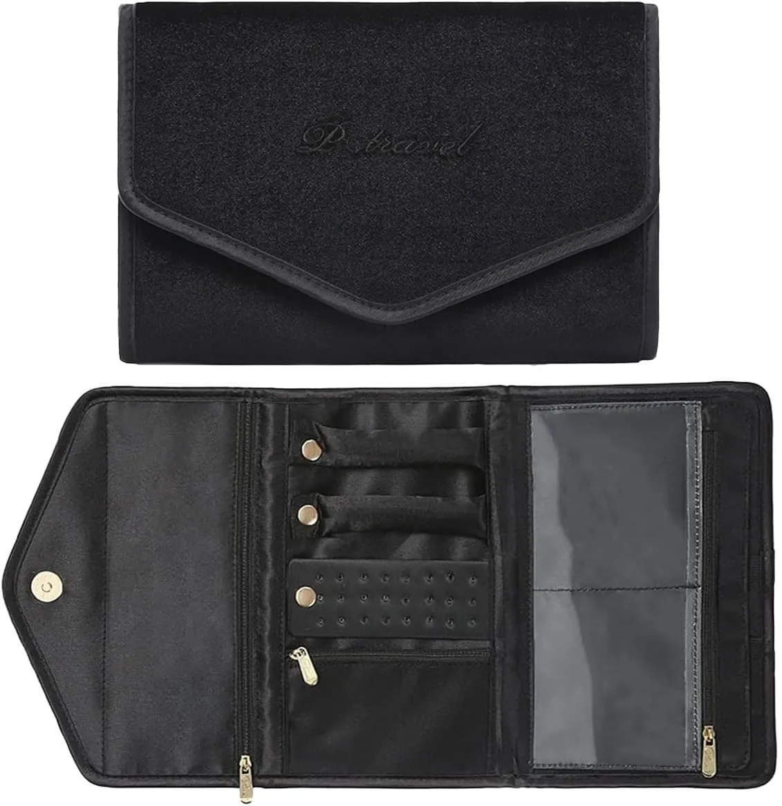 RT&BS Travel Jewelry Organizer Bag, Velvet Foldable Jewelry Roll for Earrings, Necklaces, Rings, Bracelets, Brooches (Black)