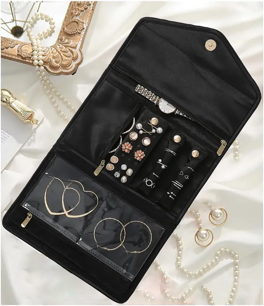 RT&BS Travel Jewelry Organizer Bag, Velvet Foldable Jewelry Roll for Earrings, Necklaces, Rings, Bracelets, Brooches (Black)