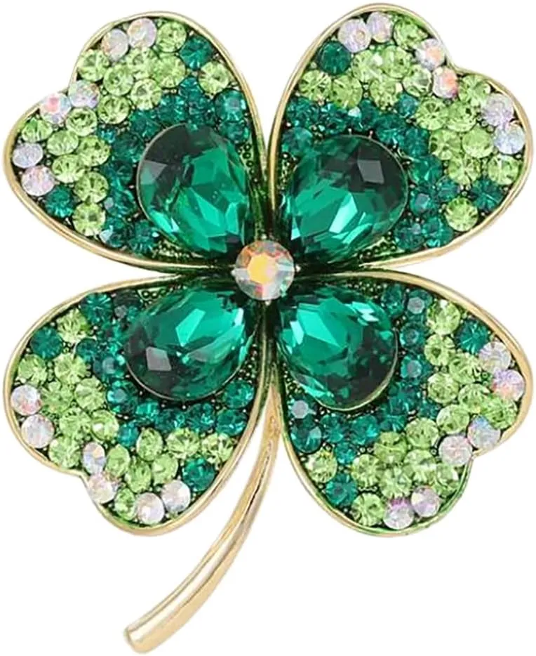 Shamrock Brooch with Rhinestones Green Crystal Lapel Pin for Women Souvenir Jewelry Lucky Accessory for Jackets and Bags