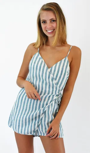 Summer Striped Linen Wrap Romper
