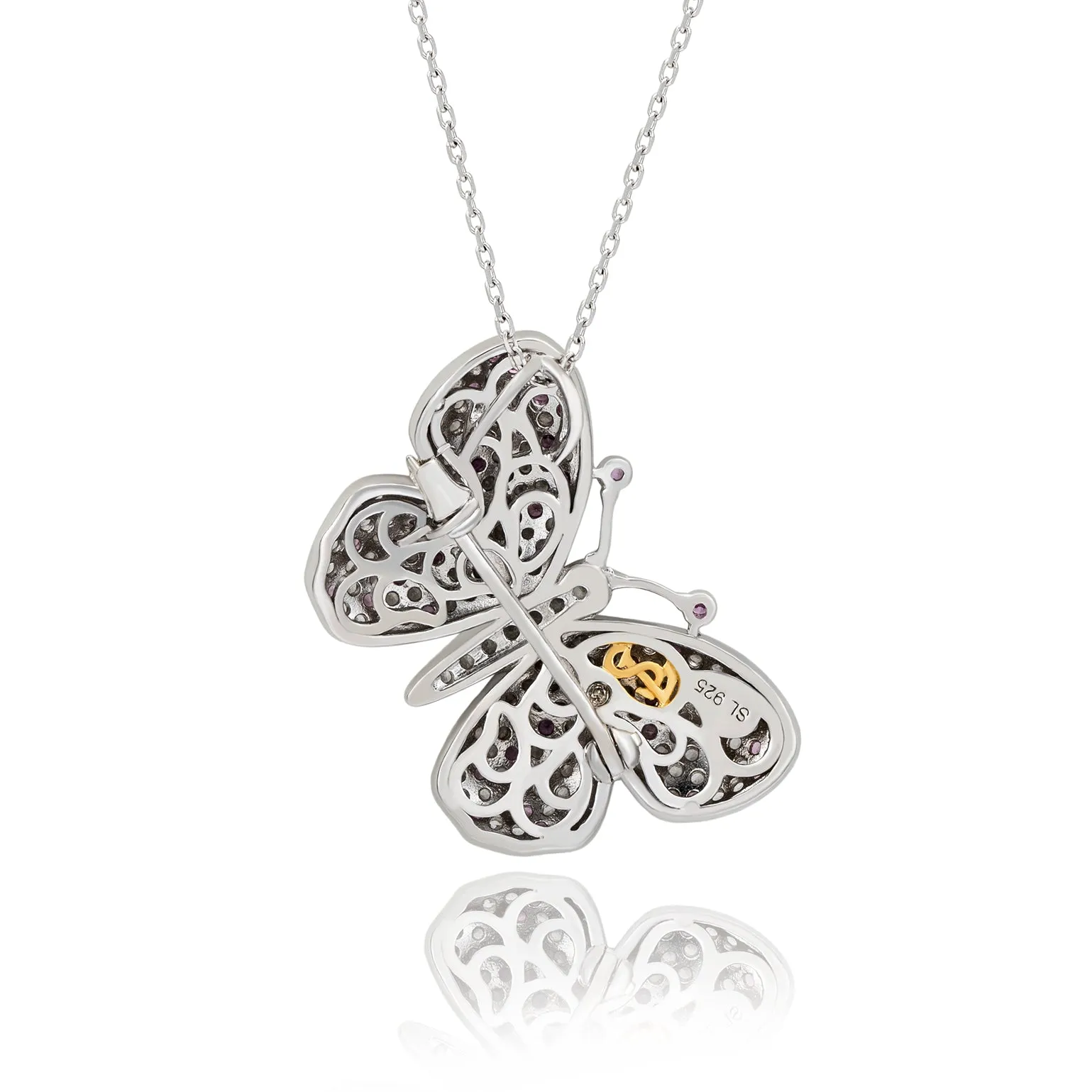 Suzy Levian Sterling Silver Pink Sapphire & Diamond Accent Butterfly Pendant Brooch
