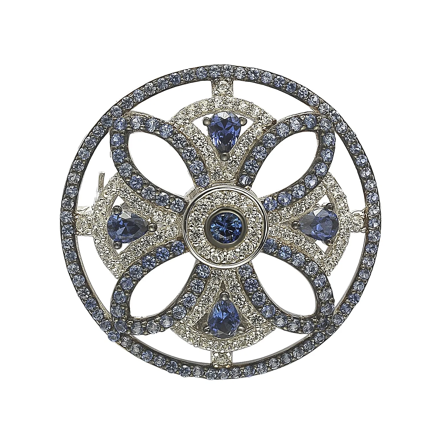 Suzy Levian Sterling Silver Sapphire & Diamond Accent Circle Medieval Brooch