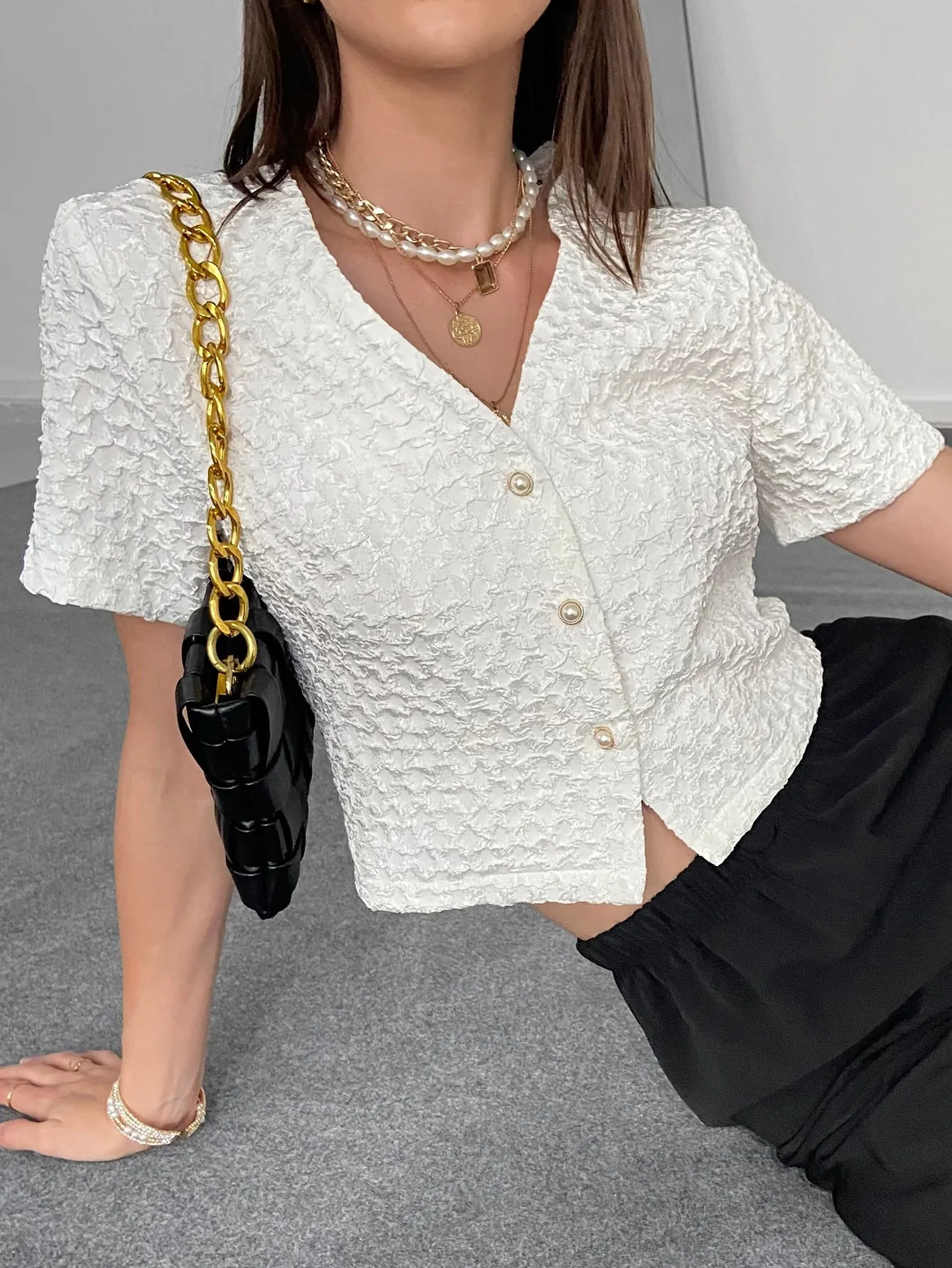 Textured Button Down Short Sleeve Top