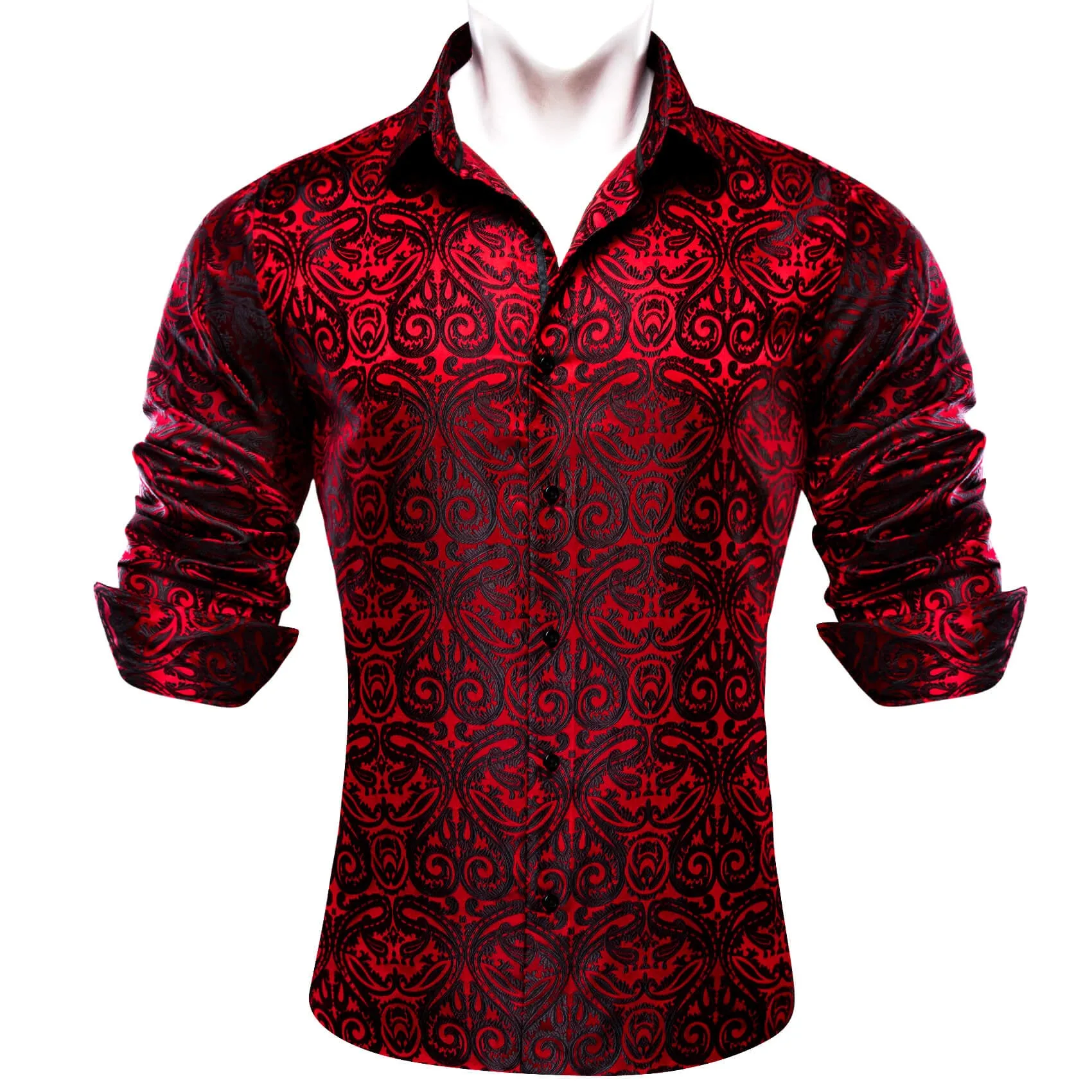 Ties2you Button Down Shirt Red Black Woven Paisley Silk Men's Shirt Classic