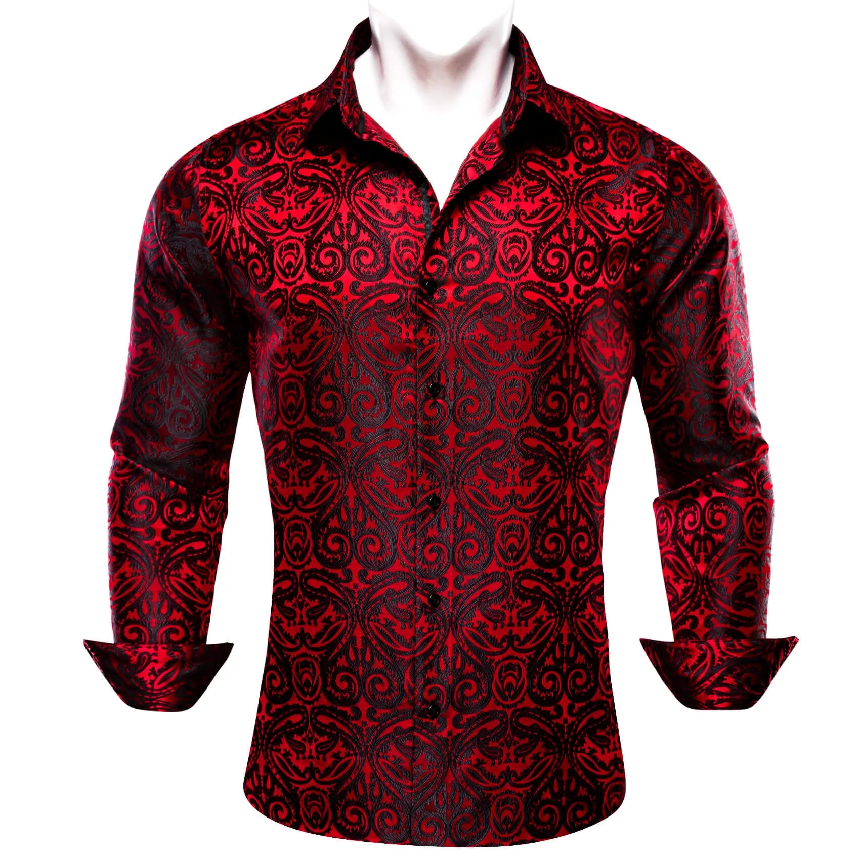 Ties2you Button Down Shirt Red Black Woven Paisley Silk Men's Shirt Classic
