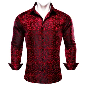 Ties2you Button Down Shirt Red Black Woven Paisley Silk Men's Shirt Classic