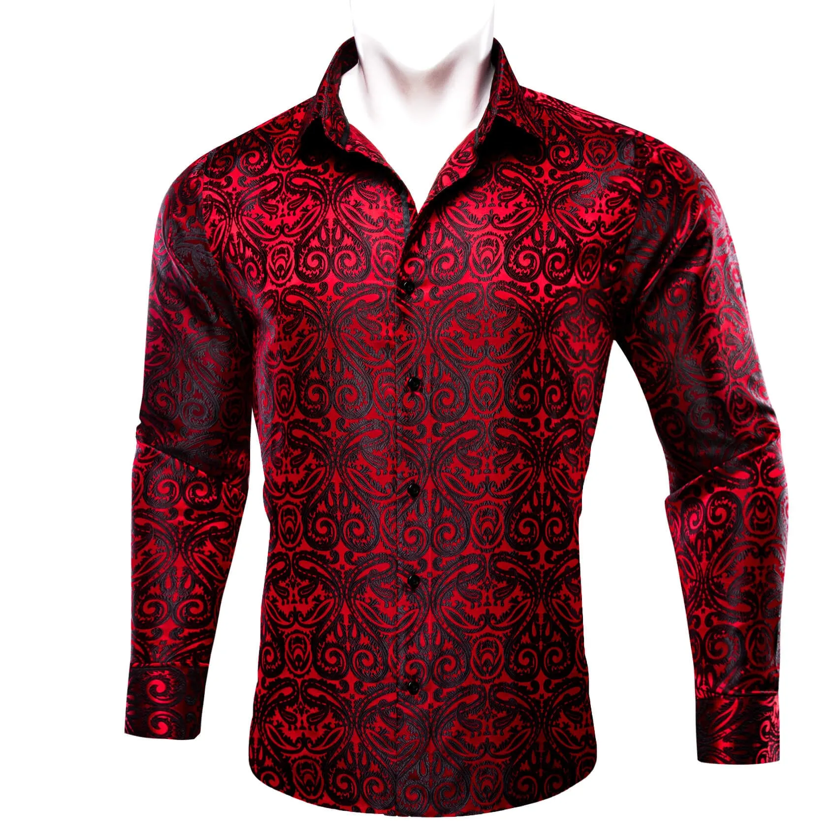 Ties2you Button Down Shirt Red Black Woven Paisley Silk Men's Shirt Classic