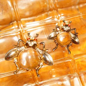 Vintage Crown Trifari Sterling Jelly Belly Fly Brooches (2), Alfred Philippe Design, Lucite Cabochon, Gilt Silver, Clear & Red Rhinestones