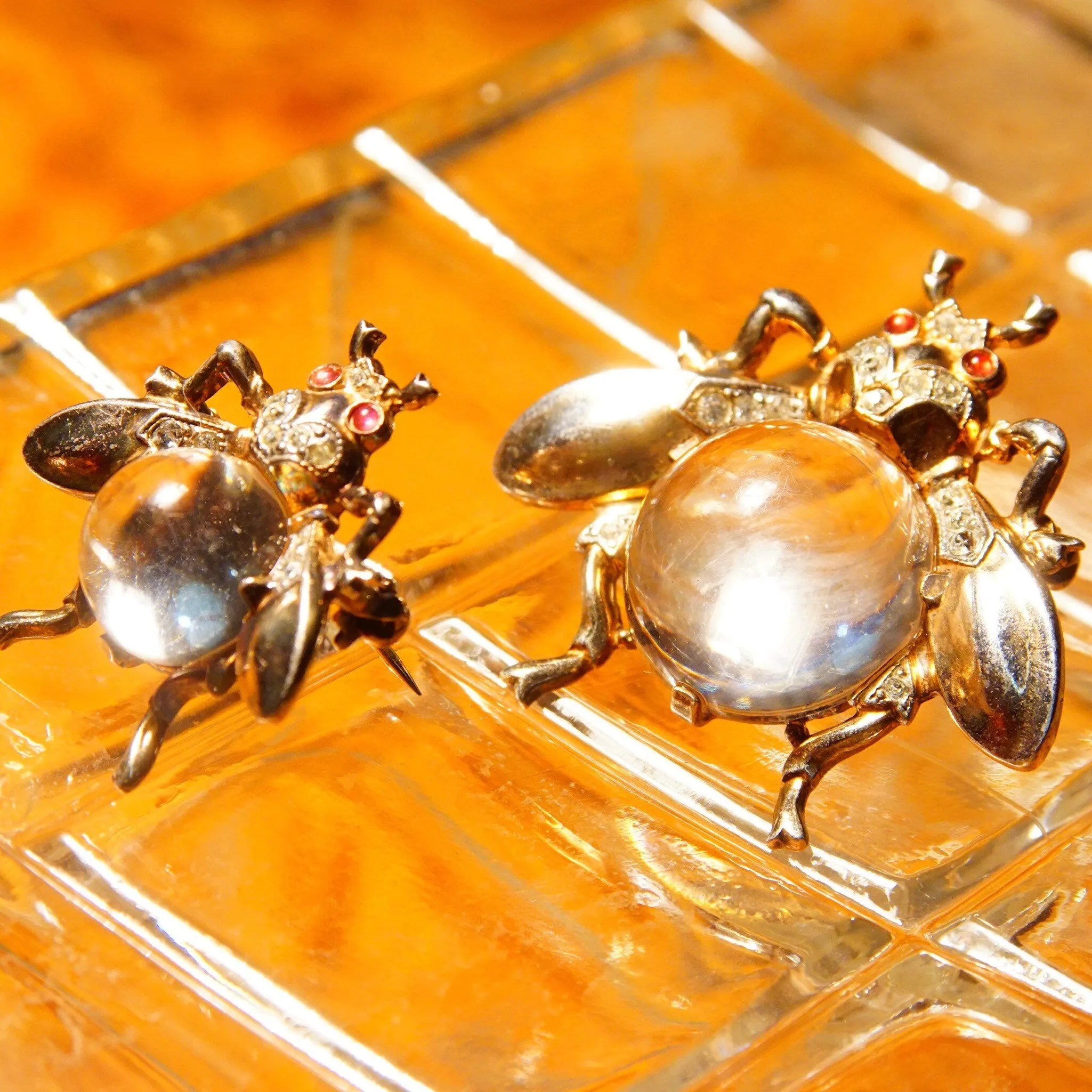 Vintage Crown Trifari Sterling Jelly Belly Fly Brooches (2), Alfred Philippe Design, Lucite Cabochon, Gilt Silver, Clear & Red Rhinestones
