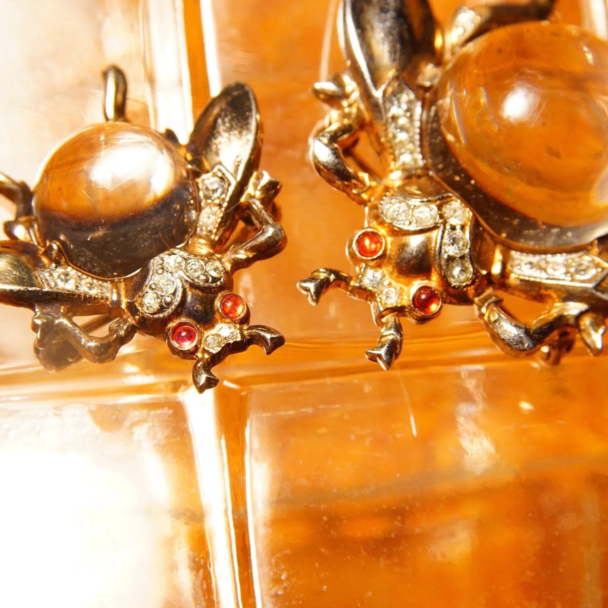 Vintage Crown Trifari Sterling Jelly Belly Fly Brooches (2), Alfred Philippe Design, Lucite Cabochon, Gilt Silver, Clear & Red Rhinestones
